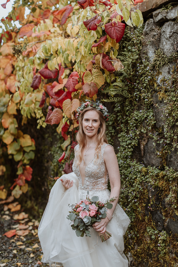portrait of the bride freshly married at Glenapp Castle Gardens